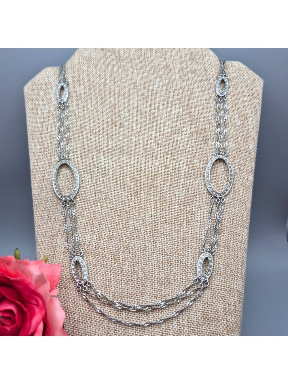 Monet Silver Tone Multi Strand Necklace Oval Rhinestone Stations Formal 24.5"